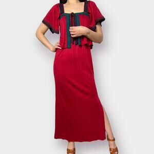 70s Maroon Jody T of California Maroon Maxi Dress with Tie Blouse Top‎